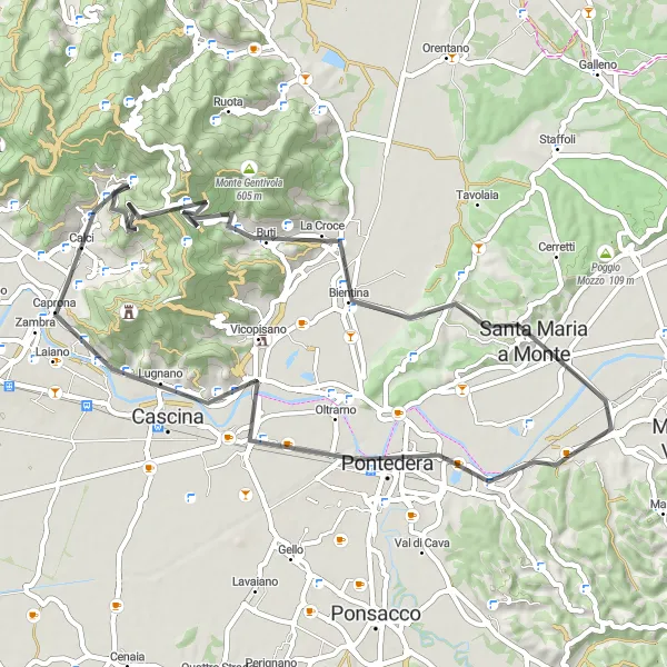 Miniatua del mapa de inspiración ciclista "Ruta de los tres colinas" en Toscana, Italy. Generado por Tarmacs.app planificador de rutas ciclistas