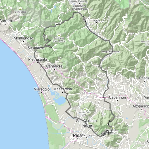 Miniatuurkaart van de fietsinspiratie "Monte Serra en Lucca" in Toscana, Italy. Gemaakt door de Tarmacs.app fietsrouteplanner