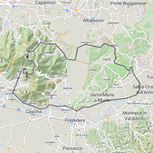 Karttaminiaatyyri "Pyöräilyreitti Tre Colli - Calci" pyöräilyinspiraatiosta alueella Toscana, Italy. Luotu Tarmacs.app pyöräilyreittisuunnittelijalla