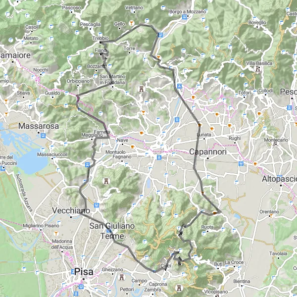 Miniatura della mappa di ispirazione al ciclismo "100 km Road Route: Calci Loop" nella regione di Toscana, Italy. Generata da Tarmacs.app, pianificatore di rotte ciclistiche