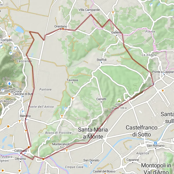 Karttaminiaatyyri "Cascine di Buti - Montecalvoli hiekkatiepyöräreitti" pyöräilyinspiraatiosta alueella Toscana, Italy. Luotu Tarmacs.app pyöräilyreittisuunnittelijalla