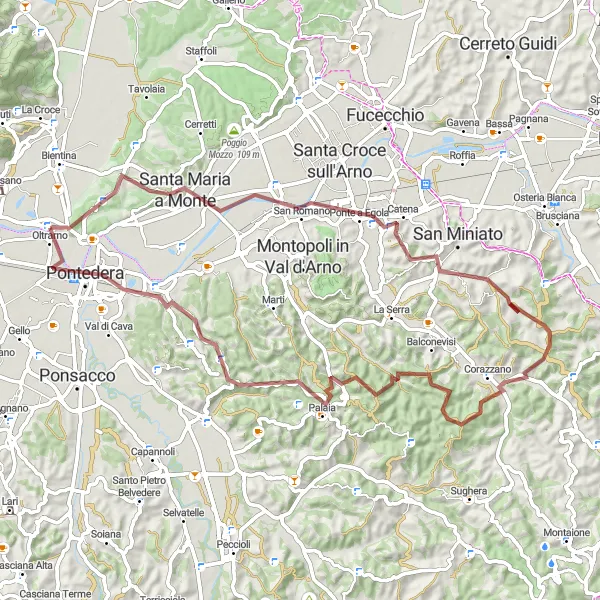 Miniaturní mapa "Gravelový okruh kolem Palaia" inspirace pro cyklisty v oblasti Toscana, Italy. Vytvořeno pomocí plánovače tras Tarmacs.app