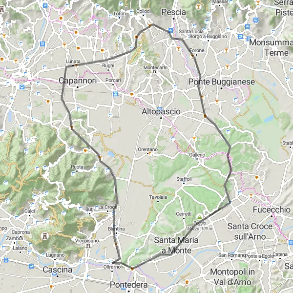 Karten-Miniaturansicht der Radinspiration "Rundtour von Bientina nach Montecalvoli" in Toscana, Italy. Erstellt vom Tarmacs.app-Routenplaner für Radtouren