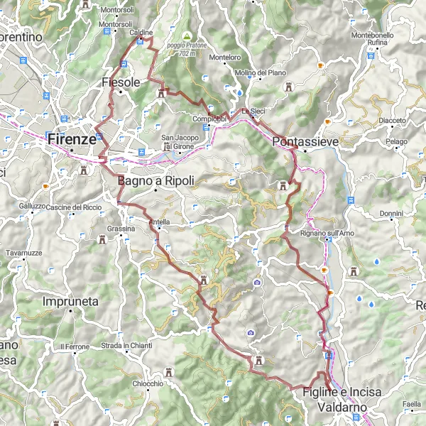 Miniatua del mapa de inspiración ciclista "Ruta Escénica de 79 km cerca de Caldine" en Toscana, Italy. Generado por Tarmacs.app planificador de rutas ciclistas