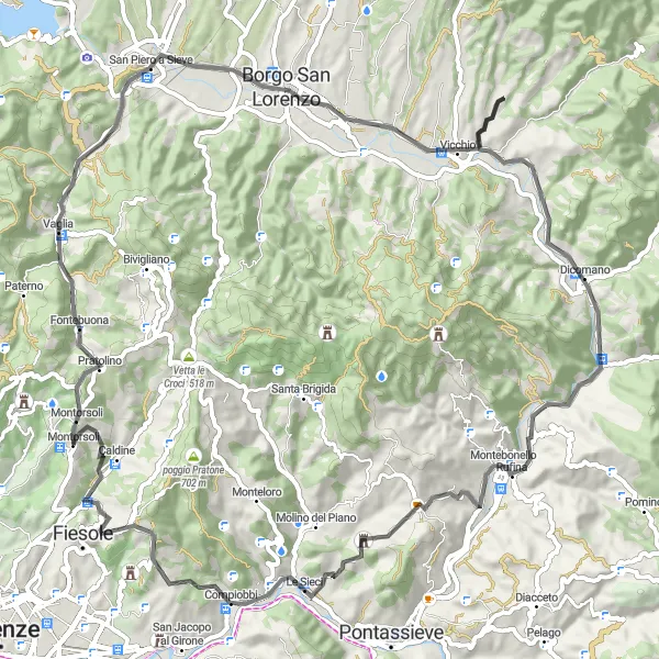 Miniatua del mapa de inspiración ciclista "Ruta Escénica en Carretera cerca de Caldine" en Toscana, Italy. Generado por Tarmacs.app planificador de rutas ciclistas