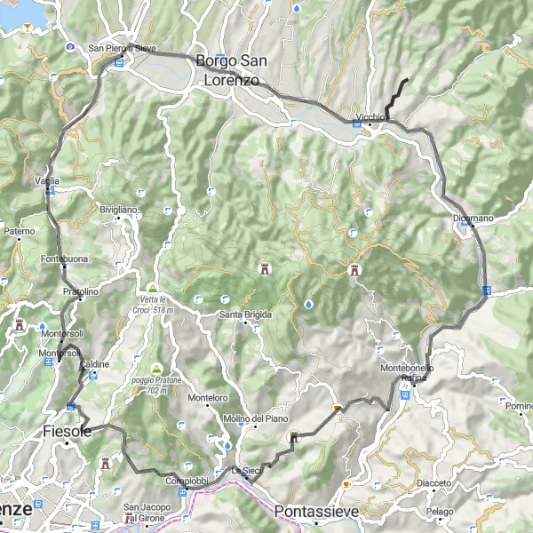 Zemljevid v pomanjšavi "Razgibana cestna vožnja okoli Caldine" kolesarske inspiracije v Toscana, Italy. Generirano z načrtovalcem kolesarskih poti Tarmacs.app