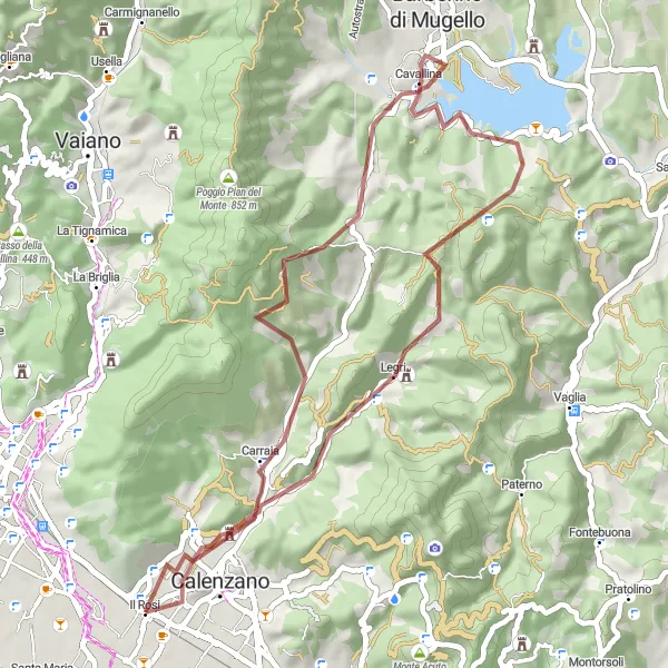 Miniatura della mappa di ispirazione al ciclismo "Esplorazione in gravel tra Calenzano e Lago di Bilancino" nella regione di Toscana, Italy. Generata da Tarmacs.app, pianificatore di rotte ciclistiche