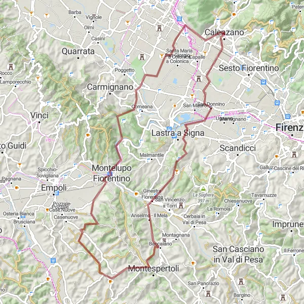 Miniatura della mappa di ispirazione al ciclismo "Tour in mountain bike tra Campi Bisenzio e Montelupo Fiorentino" nella regione di Toscana, Italy. Generata da Tarmacs.app, pianificatore di rotte ciclistiche