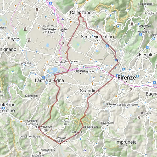 Miniatura della mappa di ispirazione al ciclismo "Avventura in MTB tra Sesto Fiorentino e Cerbaia in Val di Pesa" nella regione di Toscana, Italy. Generata da Tarmacs.app, pianificatore di rotte ciclistiche