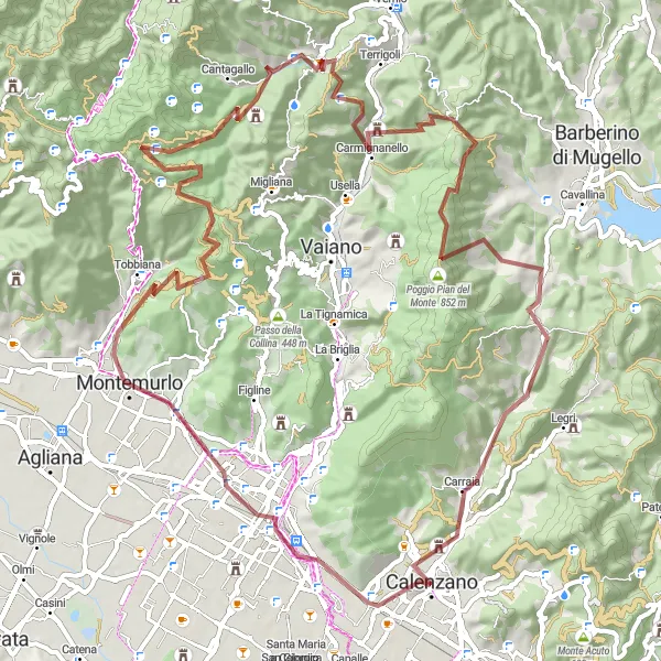 Map miniature of "Calenzano Gravel Loop" cycling inspiration in Toscana, Italy. Generated by Tarmacs.app cycling route planner