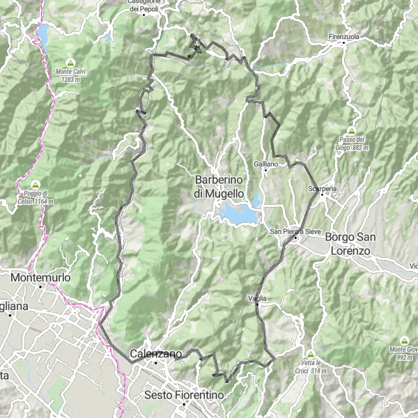 Miniatua del mapa de inspiración ciclista "Ruta en Carretera por los Alrededores de Calenzano" en Toscana, Italy. Generado por Tarmacs.app planificador de rutas ciclistas