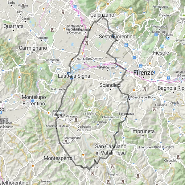 Miniaturekort af cykelinspirationen "Rundtur på landeveje fra Calenzano" i Toscana, Italy. Genereret af Tarmacs.app cykelruteplanlægger