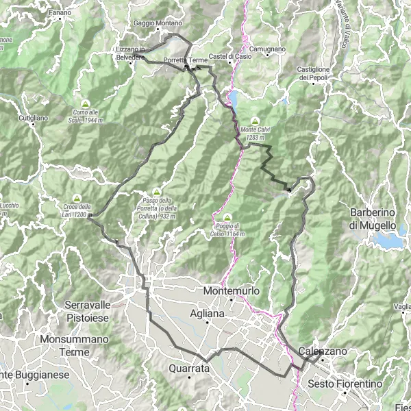 Miniatura della mappa di ispirazione al ciclismo "Avventura in bicicletta da Calenzano a Pracchia e ritorno" nella regione di Toscana, Italy. Generata da Tarmacs.app, pianificatore di rotte ciclistiche