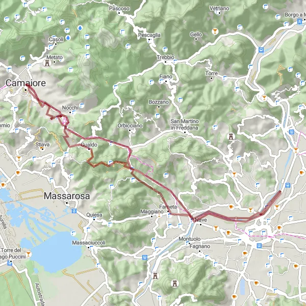 Map miniature of "Gravel Adventure to Piazzano and Monte Ghilardona" cycling inspiration in Toscana, Italy. Generated by Tarmacs.app cycling route planner