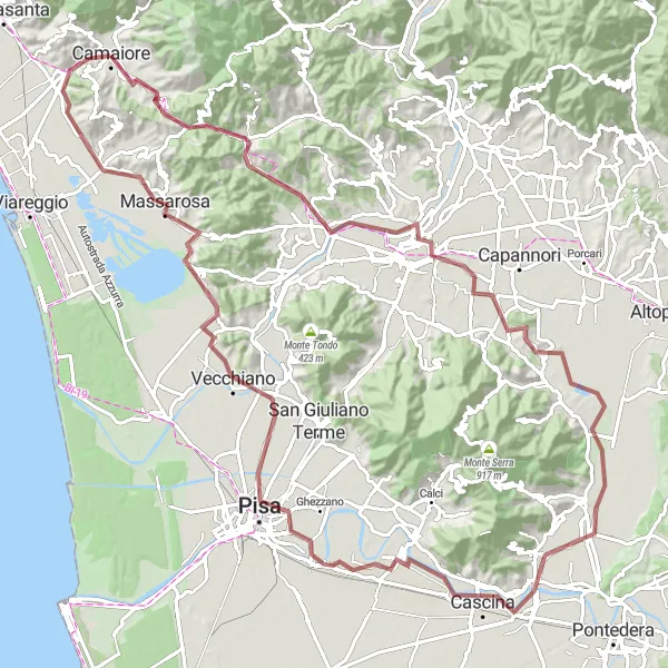 Zemljevid v pomanjšavi "Gravel kolesarska pot okoli Camaiore" kolesarske inspiracije v Toscana, Italy. Generirano z načrtovalcem kolesarskih poti Tarmacs.app