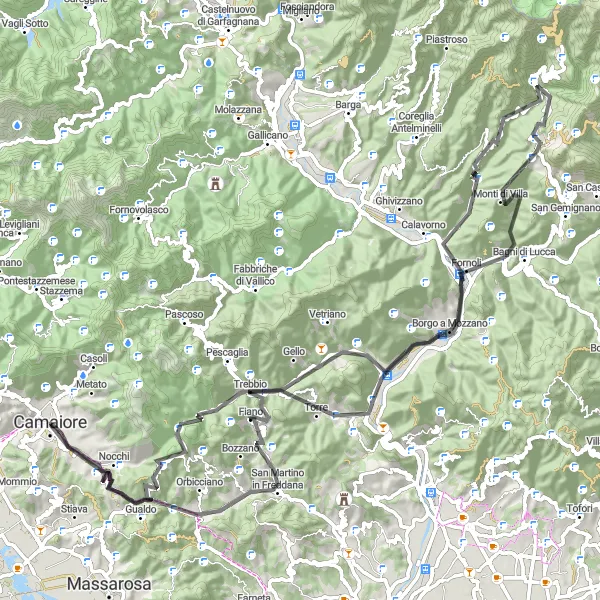 Map miniature of "Panoramic Tuscany Loop via Passo del Lucese and Monte Pinciana" cycling inspiration in Toscana, Italy. Generated by Tarmacs.app cycling route planner