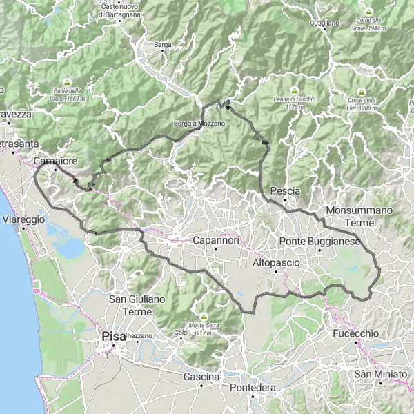 Miniatua del mapa de inspiración ciclista "Desafío en Bicicleta de Camaiore a Guamo" en Toscana, Italy. Generado por Tarmacs.app planificador de rutas ciclistas