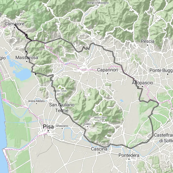 Map miniature of "Camaiore Loop via San Martino in Freddana and Porcari" cycling inspiration in Toscana, Italy. Generated by Tarmacs.app cycling route planner