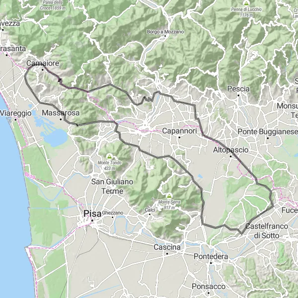 Zemljevid v pomanjšavi "Cestna kolesarska avantura okoli Camaiore" kolesarske inspiracije v Toscana, Italy. Generirano z načrtovalcem kolesarskih poti Tarmacs.app