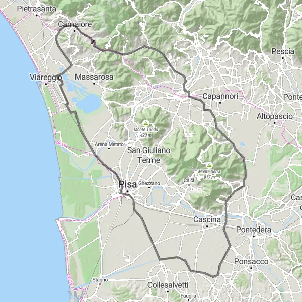 Miniaturní mapa "Kruhová cesta kolem Camaiore - Vicopisano" inspirace pro cyklisty v oblasti Toscana, Italy. Vytvořeno pomocí plánovače tras Tarmacs.app