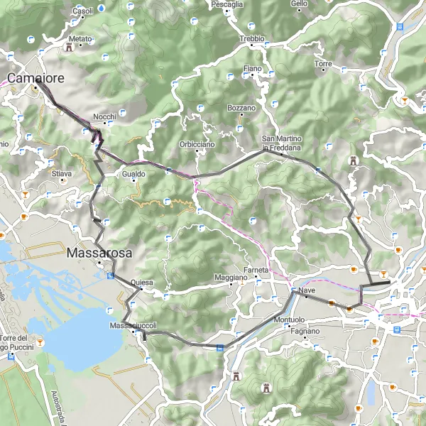 Miniaturní mapa "Jízda okolo Camaiore - Massarosa" inspirace pro cyklisty v oblasti Toscana, Italy. Vytvořeno pomocí plánovače tras Tarmacs.app