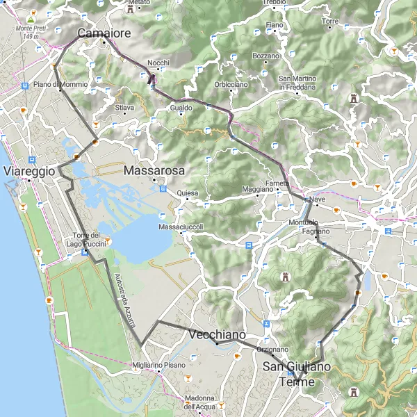Miniaturní mapa "Cyklistická trasa kolem Camaiore - Piazzano" inspirace pro cyklisty v oblasti Toscana, Italy. Vytvořeno pomocí plánovače tras Tarmacs.app