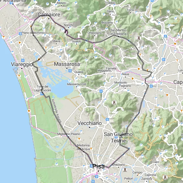 Mapa miniatúra "Okruh s výhľadom na Pisu" cyklistická inšpirácia v Toscana, Italy. Vygenerované cyklistickým plánovačom trás Tarmacs.app