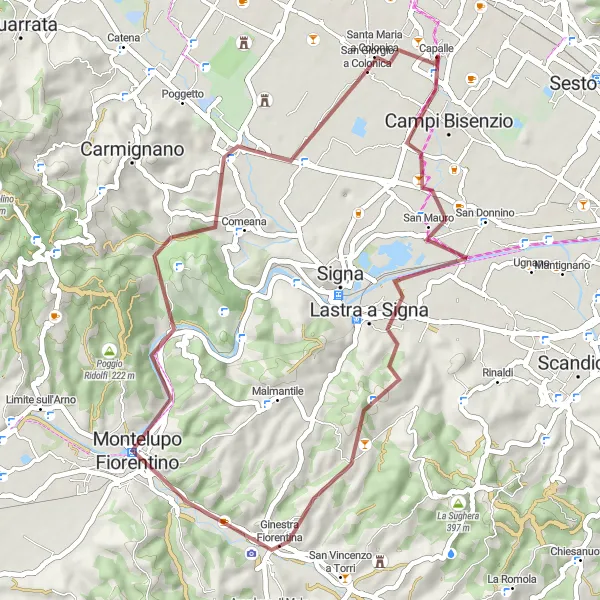 Map miniature of "From Campi Bisenzio to San Giorgio a Colonica" cycling inspiration in Toscana, Italy. Generated by Tarmacs.app cycling route planner
