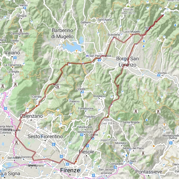 Miniatura della mappa di ispirazione al ciclismo "Esplorazione Gravel tra Calenzano e Fiesole" nella regione di Toscana, Italy. Generata da Tarmacs.app, pianificatore di rotte ciclistiche