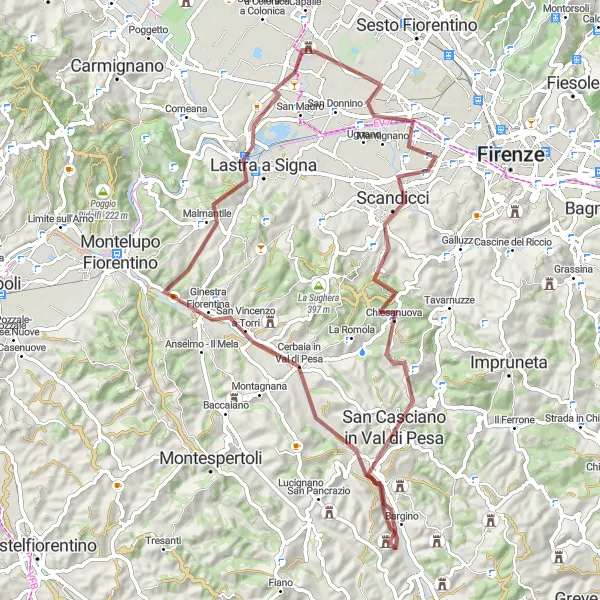 Miniaturní mapa "Okružní trasa blízko Campi Bisenzio" inspirace pro cyklisty v oblasti Toscana, Italy. Vytvořeno pomocí plánovače tras Tarmacs.app