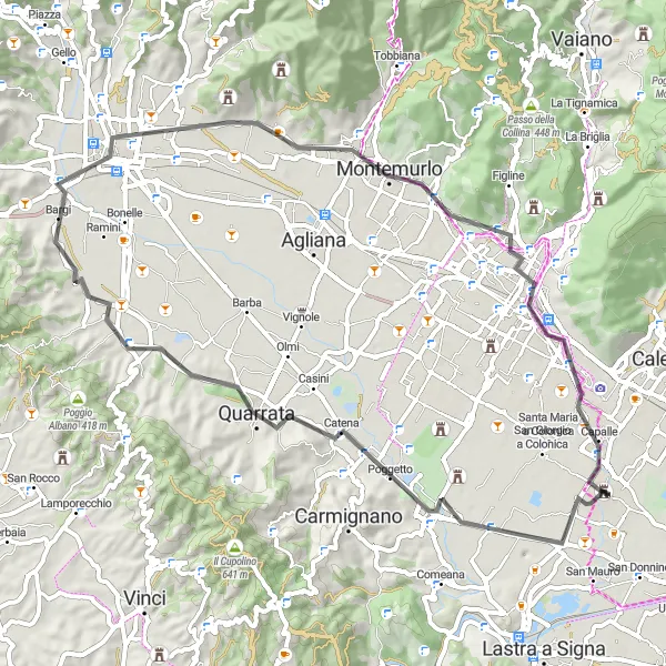 Miniatura della mappa di ispirazione al ciclismo "Escursione ciclistica di 63 km tra Poggio a Caiano e Gonfienti" nella regione di Toscana, Italy. Generata da Tarmacs.app, pianificatore di rotte ciclistiche