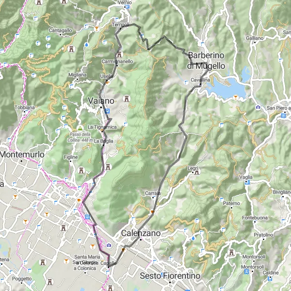 Kartminiatyr av "Sykling nær Campi Bisenzio" sykkelinspirasjon i Toscana, Italy. Generert av Tarmacs.app sykkelrutoplanlegger