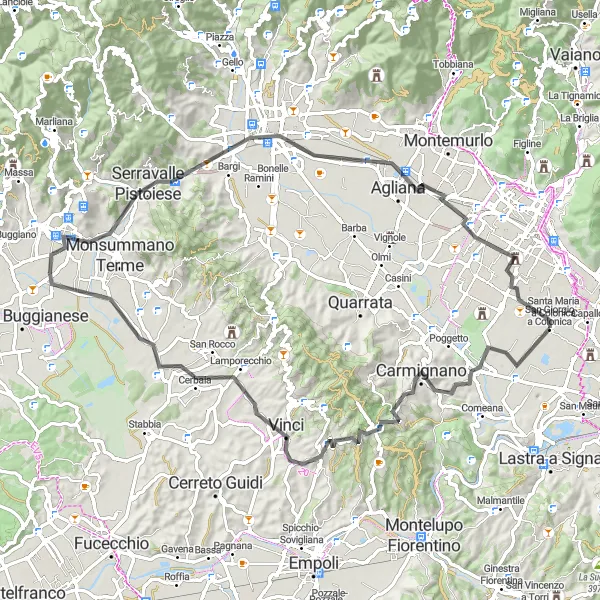 Kartminiatyr av "Carmignano Countryside Ride" cykelinspiration i Toscana, Italy. Genererad av Tarmacs.app cykelruttplanerare