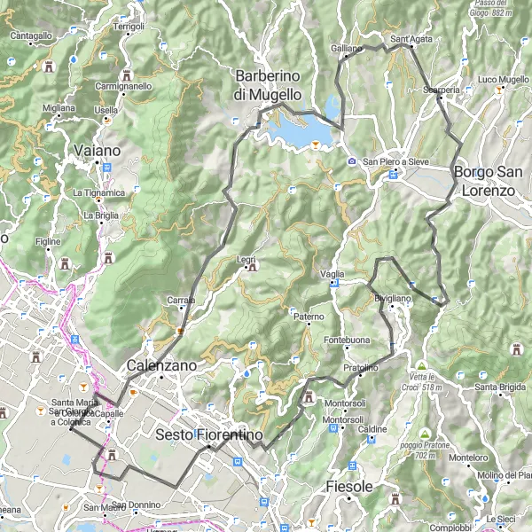 Mapa miniatúra "Jazda okolo Campi Bisenzio" cyklistická inšpirácia v Toscana, Italy. Vygenerované cyklistickým plánovačom trás Tarmacs.app