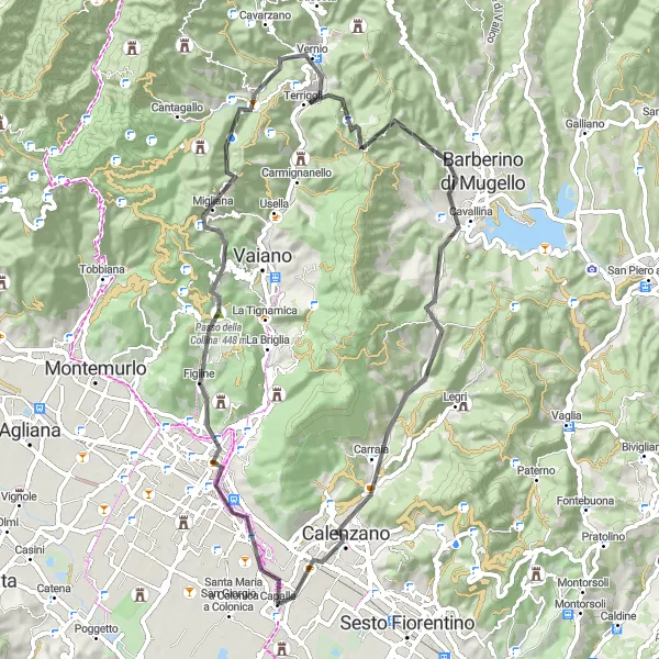 Miniatua del mapa de inspiración ciclista "Recorrido por Montes y Colinas de Toscana" en Toscana, Italy. Generado por Tarmacs.app planificador de rutas ciclistas