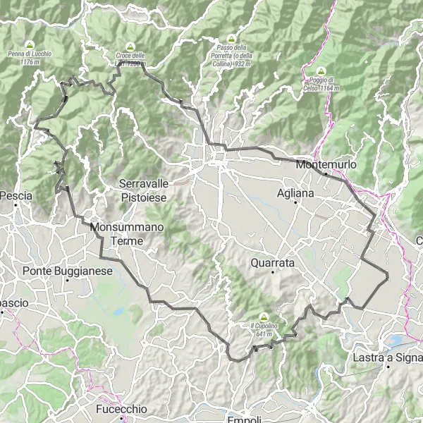 Kartminiatyr av "Panoramautsikt over Pistoia og Vinci" sykkelinspirasjon i Toscana, Italy. Generert av Tarmacs.app sykkelrutoplanlegger
