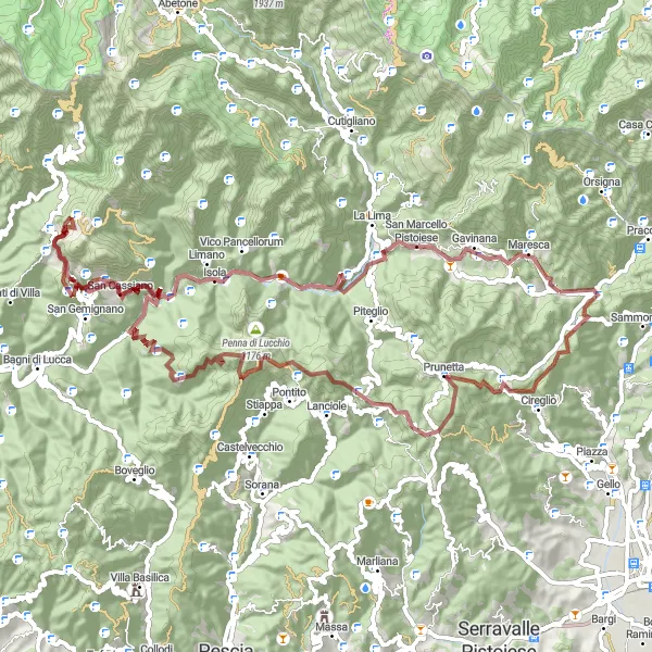 Miniatura della mappa di ispirazione al ciclismo "Escursione Gravel Monte Cerratella" nella regione di Toscana, Italy. Generata da Tarmacs.app, pianificatore di rotte ciclistiche