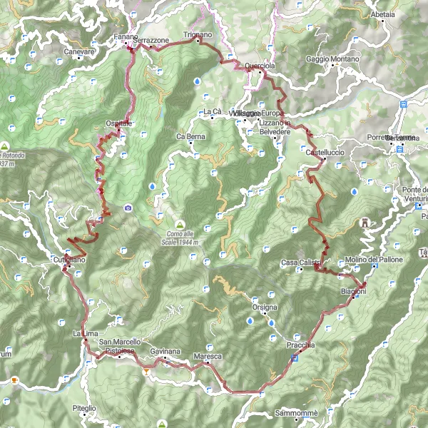 Karttaminiaatyyri "Campo Tizzoron ympäri pyöräilyreitti" pyöräilyinspiraatiosta alueella Toscana, Italy. Luotu Tarmacs.app pyöräilyreittisuunnittelijalla