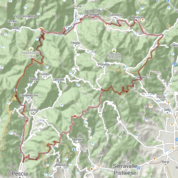 Miniaturní mapa "Gravelová cyklotrasa Pontepetri - Bardalone" inspirace pro cyklisty v oblasti Toscana, Italy. Vytvořeno pomocí plánovače tras Tarmacs.app