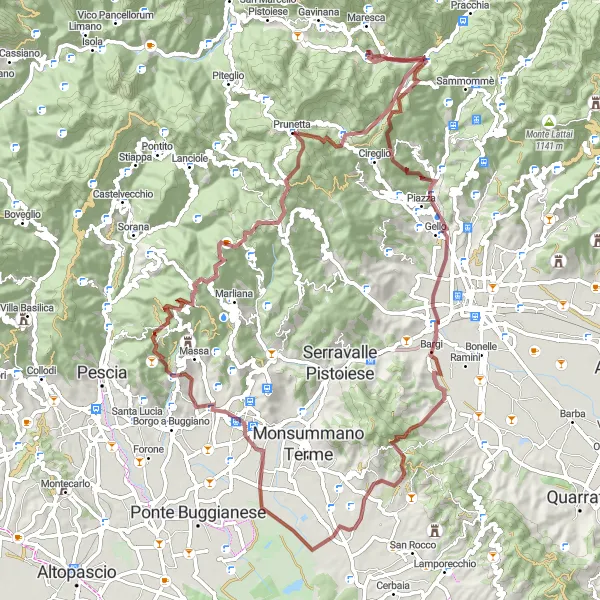 Karttaminiaatyyri "Gravel-pyöräilyretki Lähtöpaikalta Campo Tizzoro" pyöräilyinspiraatiosta alueella Toscana, Italy. Luotu Tarmacs.app pyöräilyreittisuunnittelijalla