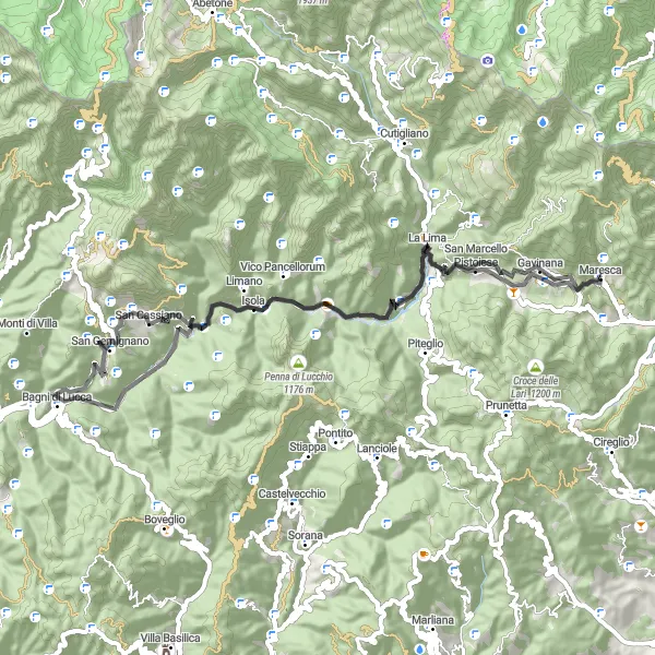 Miniatua del mapa de inspiración ciclista "Ruta en Carretera a Campo Tizzoro" en Toscana, Italy. Generado por Tarmacs.app planificador de rutas ciclistas
