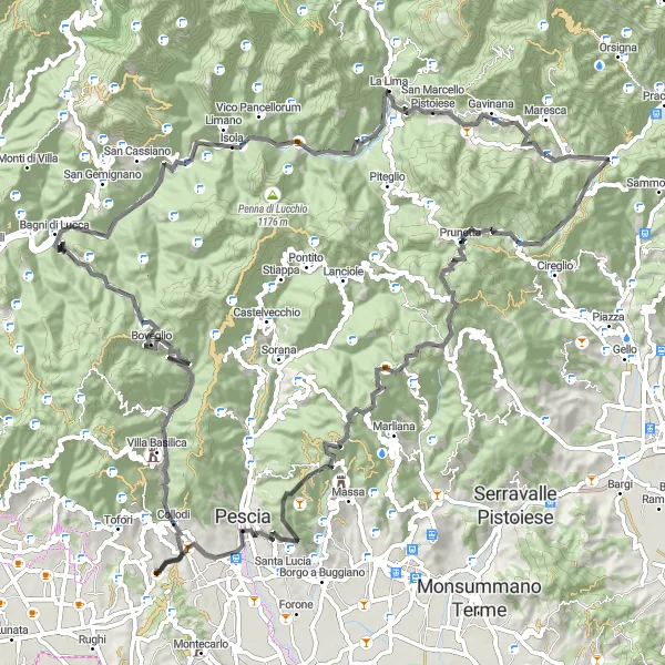 Miniatura della mappa di ispirazione al ciclismo "Giro in bicicletta di 103 km da Campo Tizzoro" nella regione di Toscana, Italy. Generata da Tarmacs.app, pianificatore di rotte ciclistiche