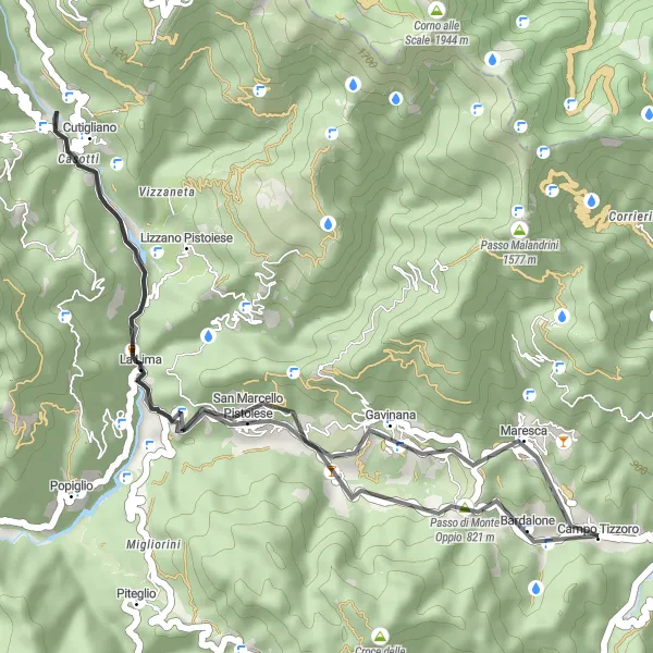 Map miniature of "Short Road Loop near Campo Tizzoro" cycling inspiration in Toscana, Italy. Generated by Tarmacs.app cycling route planner