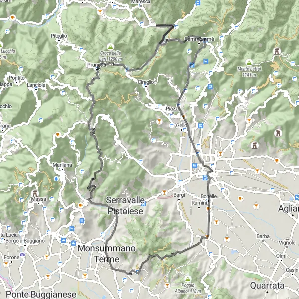 Map miniature of "Scenic Road Tour near Campo Tizzoro" cycling inspiration in Toscana, Italy. Generated by Tarmacs.app cycling route planner