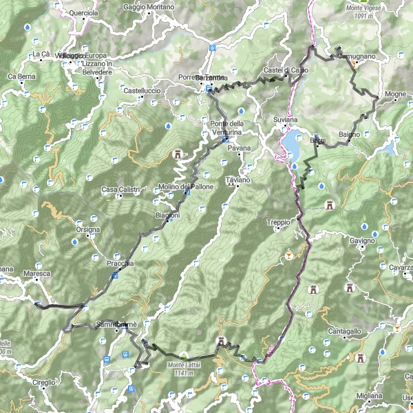 Karttaminiaatyyri "Haastava Maantiepyöräilyreitti Tizzoron Lähellä" pyöräilyinspiraatiosta alueella Toscana, Italy. Luotu Tarmacs.app pyöräilyreittisuunnittelijalla