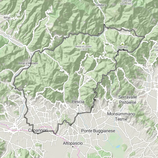Miniaturní mapa "Okružní cyklistická trasa Pontepetri - Passo di Monte Oppio" inspirace pro cyklisty v oblasti Toscana, Italy. Vytvořeno pomocí plánovače tras Tarmacs.app
