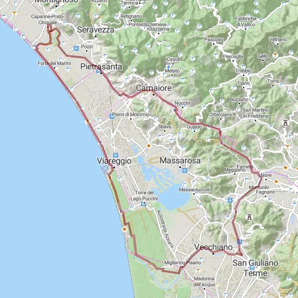 Map miniature of "Quiet Gravel Paths and Coastal Delights" cycling inspiration in Toscana, Italy. Generated by Tarmacs.app cycling route planner