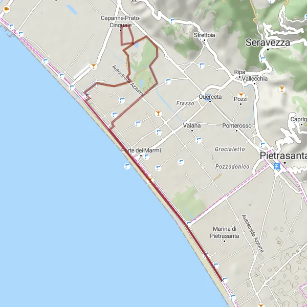 Miniaturní mapa "Gravel Tour to Pontile and Marina di Pietrasanta" inspirace pro cyklisty v oblasti Toscana, Italy. Vytvořeno pomocí plánovače tras Tarmacs.app