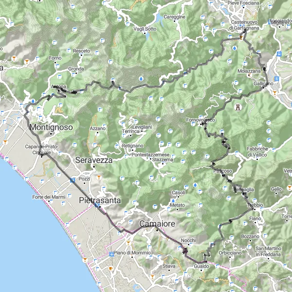 Map miniature of "Prato Montecatini Seravezza ciclo modo (128 km)" cycling inspiration in Toscana, Italy. Generated by Tarmacs.app cycling route planner