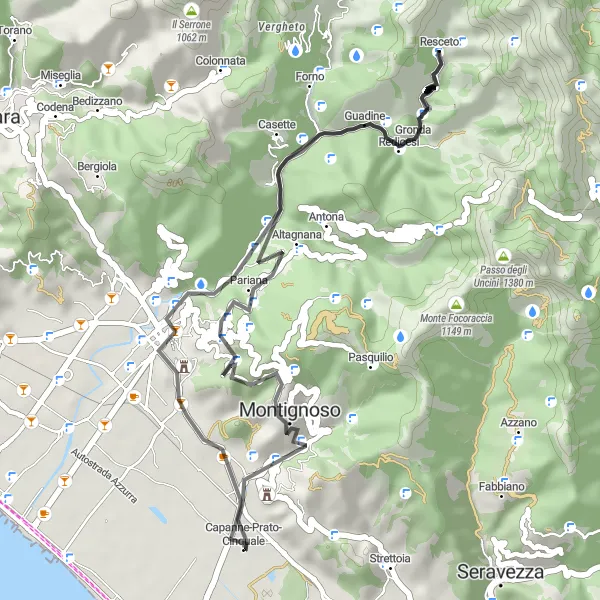 Map miniature of "The Monte di Pasta Express" cycling inspiration in Toscana, Italy. Generated by Tarmacs.app cycling route planner